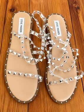Steve Madden Clear Studded Wrap Sandals with Beige Footbed